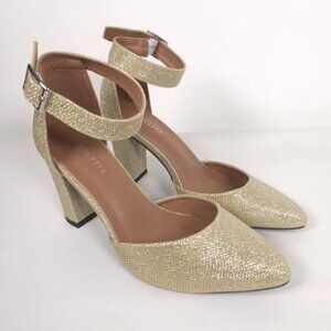 LIURUIJA Gold Glitter Size 7 Ankle Strap Block Heel‎ Pumps Sandals Pointed Toe
